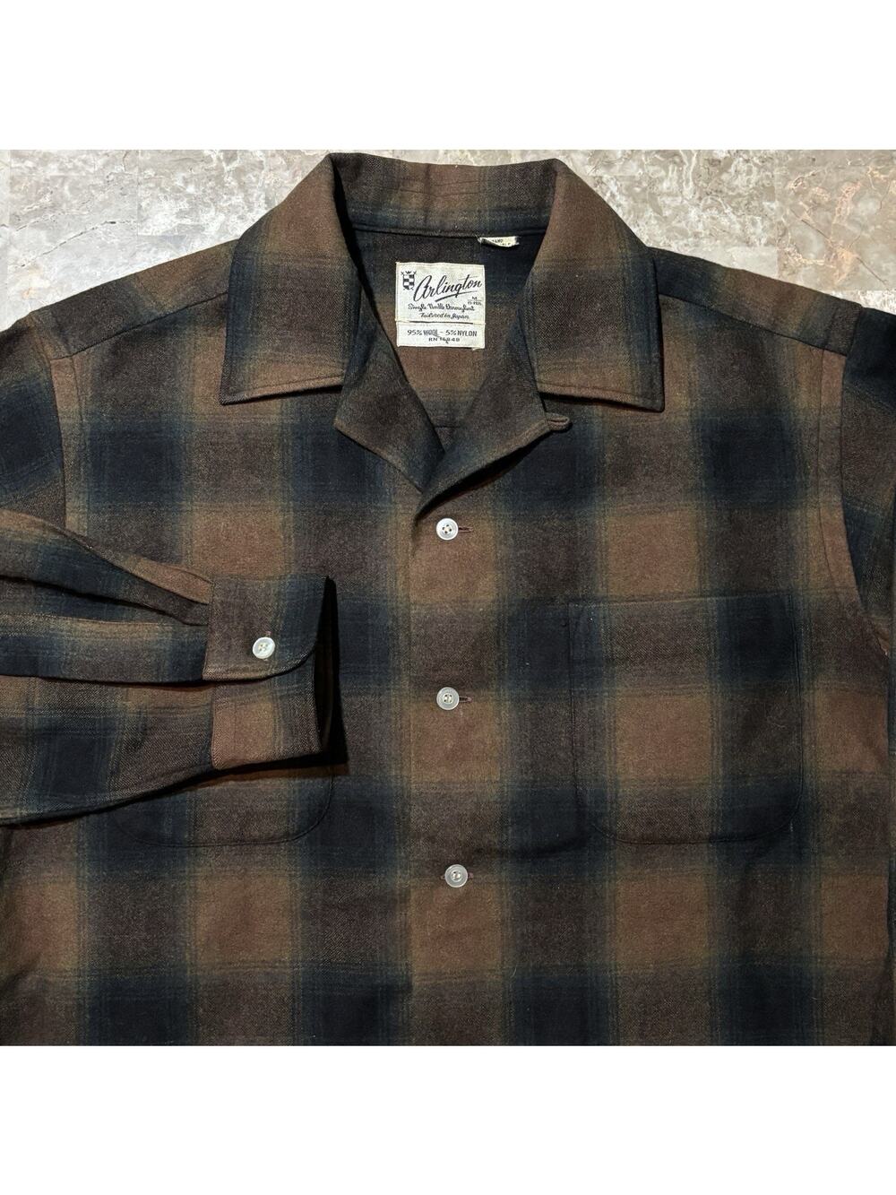 Vintage Arlington Loop Collar Shirt Mens Medium Brown Shadow Plaid Wool 70s True